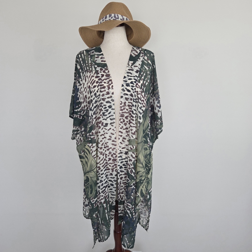 Rachel Zoe Tropical Print Sheer Kimono With Matching Hat Size OS